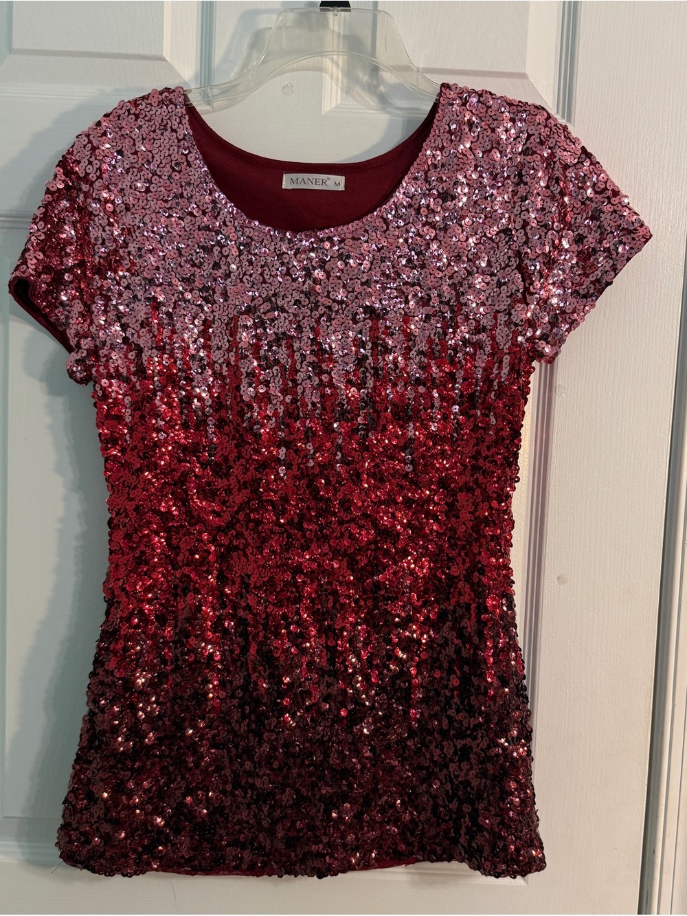 Sequined Ombre Short Sleeve Top in Pink and Red by Maner (stretch)